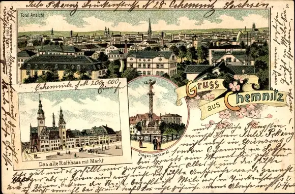 Litho Chemnitz in Sachsen, Totalansicht, Altes Rathaus mit Markt, Siegesdenkmal