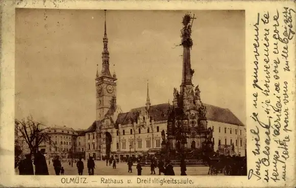 Ak Olomouc Olmütz Stadt, Rathaus, Dreifaltigkeitssäule