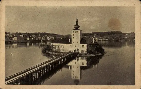 Ak Gmunden am Traunsee Salzkammergut Oberösterreich, Insel, Kirche, Brücke