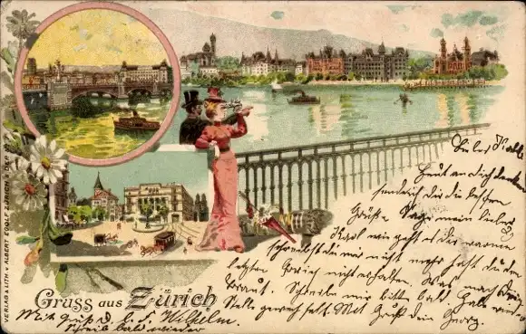 Litho Zürich Stadt Schweiz, Panorama, Teilansichten, Frau mit Fernglas