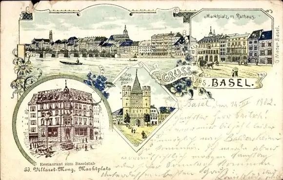Litho Basel Stadt Schweiz, Marktplatz, Rathaus, Spalentor, Restaurant zum Baselstab