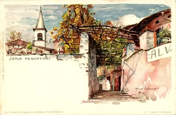 Künstler Litho Wielandt, Manuel, Isola Pescatori Lago Maggiore Piemonte, Gasse