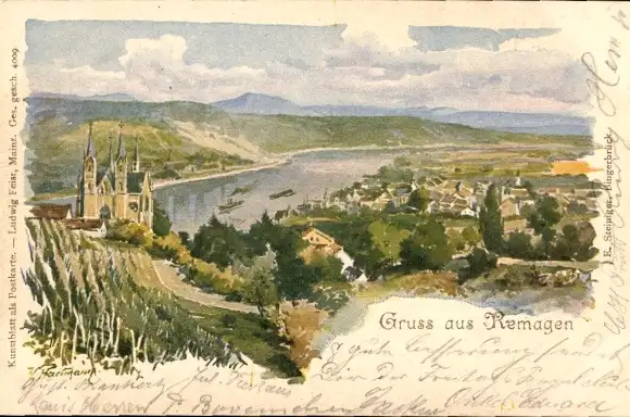 Künstler Litho Hartmann, Remagen am Rhein, Panorama von Stadt und Umgebung, Kirche