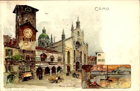 Künstler Litho Wielandt, M., Como Lombardia, Turm, Uhr, Platz