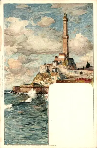 Künstler Litho Wielandt, Manuel, Genova Genua Ligurien, Küstenpartie, Leuchtturm