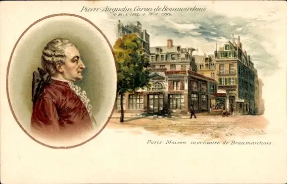 Litho Pierre Augustin Caron de Beaumarchais, franz. Dichter, Sterbehaus