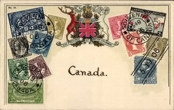 Präge Wappen Ak British Columbia Kanada, Briefmarken