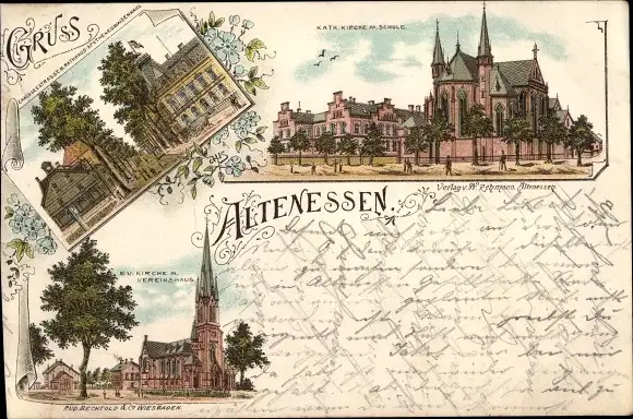 Litho Altenessen Essen im Ruhrgebiet, Kath. Kirche, Schule, Ev. Kirche, Vereinshaus, Rathausapotheke