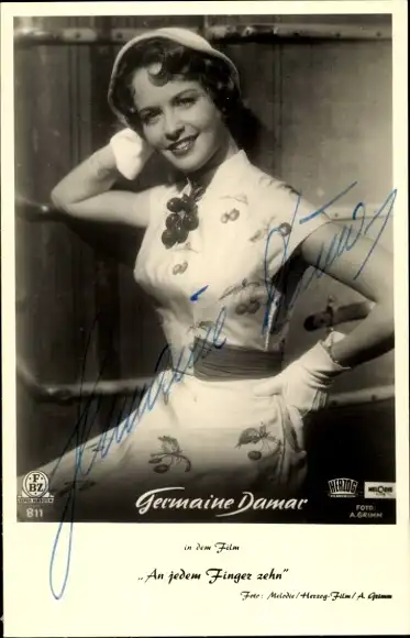 Ak Schauspielerin Germaine Damar, Portrait, Autogramm, Film An jedem Finger zehn, FBZ Verlag