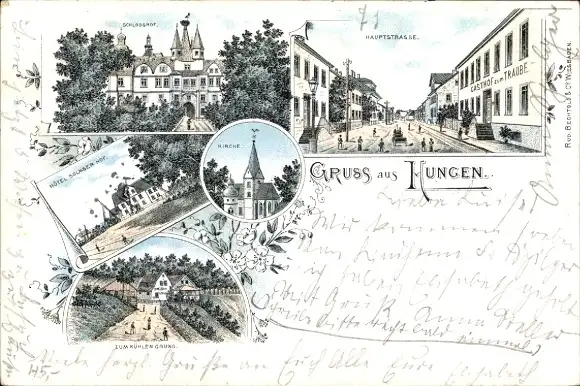 Litho Hungen in Hessen, Schloss, Hotel Solmser Hof, Gasthof zur Traube, Zum kühlen Grund