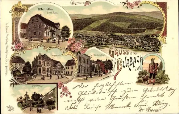 Litho Burbach im Siegerland, Hotel Dittey, Marktplatz, Totalansicht