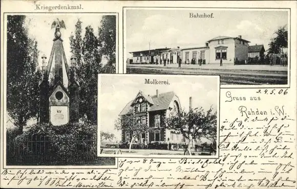Ak Rahden in Westfalen, Bahnhof, Gleisseite, Molkerei, Kriegerdenkmal