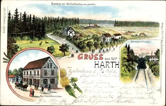 Litho Zwenkau in Sachsen, Gruß aus der Harth, Harthschlösschen, Bahnwärterhäuschen, Dampflok