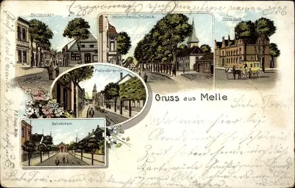 Litho Melle in Niedersachsen, Mühlenstraße, Bahnhofstraße, Rathaus, Plettenbergerstraße