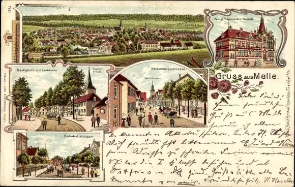 Litho Melle in Niedersachsen, Bahnhofstraße, Präparanden-Anstalt, Totalansicht