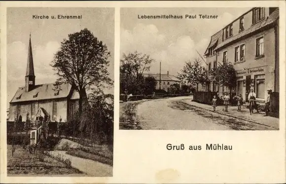 Ak Mühlau in Sachsen, Kirche, Ehrenmal, Lebensmittelhaus