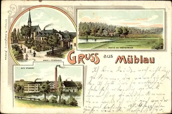 Litho Mühlau in Sachsen, Spinnerei, Krützteich, Kirche, Pfarrhaus