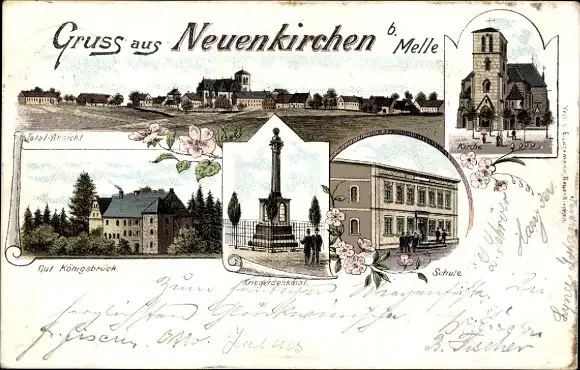 Litho Neuenkirchen Melle in Niedersachsen, Totalansicht, Gut Königsbrück, Schule, Kirche