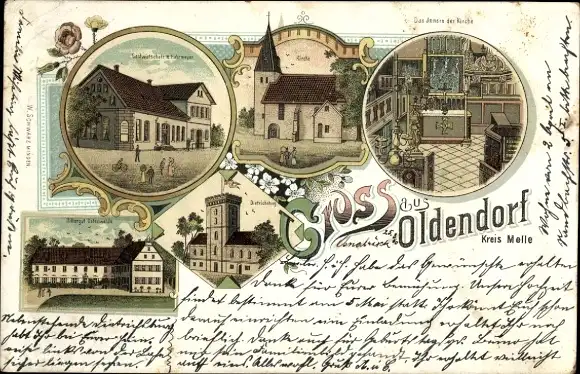 Litho Oldendorf Niedersachsen, Gastwirtschaft H. Hakemeyer, Kirche, Rittergut Ostenwalde