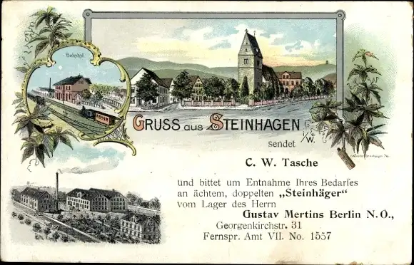 Litho Steinhagen in Westfalen, Bahnhof, Gleisseite, Stadtansicht, Steinhäger Brennerei