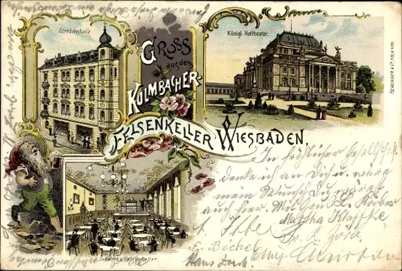 Litho Wiesbaden in Hessen, Kulmbacher Felsenkeller, Sternbierhalle, Königliches Hoftheater