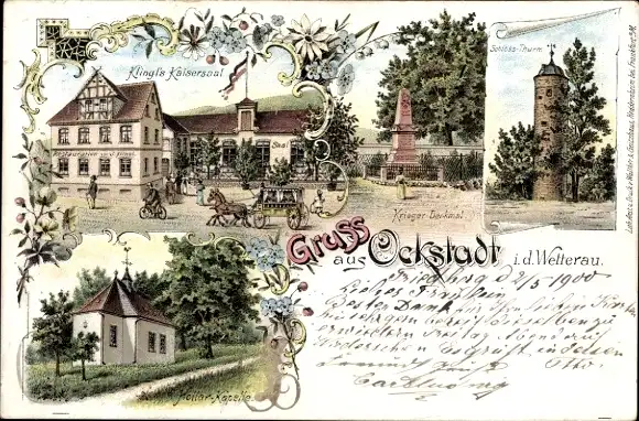 Litho Ockstadt Friedberg im Wetteraukreis Hessen, Klingl's Kaisersaal, Schlossturm, Hollarkapelle