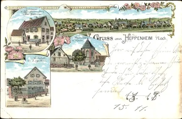 Litho Heppenheim im Loch Gau Heppenheim Rheinland Pfalz, Marktplatz, Wirtschaft, Bäckerei Hottum