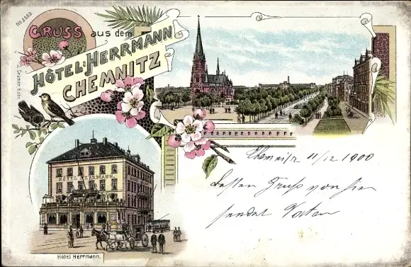 Litho Chemnitz in Sachsen, Kirche, Hotel Herrmann