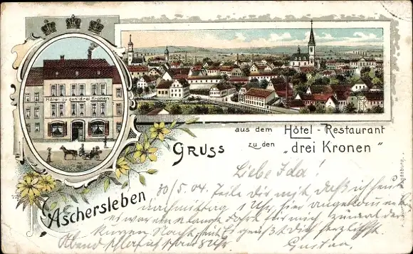 Litho Aschersleben im Salzlandkreis, Hotel zu den drei Kronen, Totalansicht