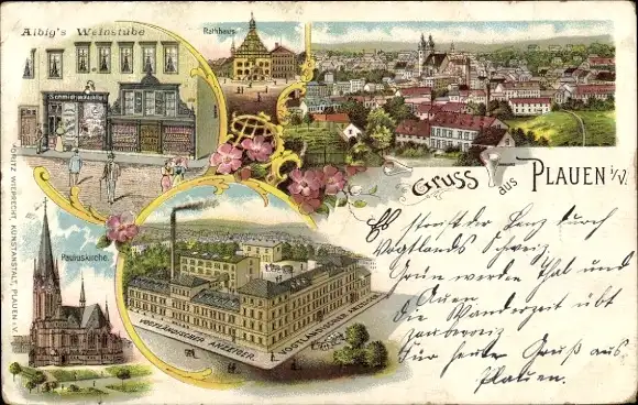 Litho Plauen im Vogtland, Albig's Weinstube, Pauluskirche, Rathaus, Totalansicht