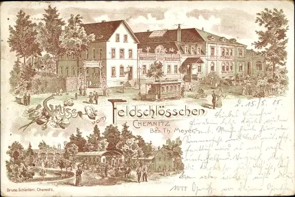 Litho Chemnitz, Feldschlösschen, Konzert- und Ballhaus, Passanten, Straßenbahn