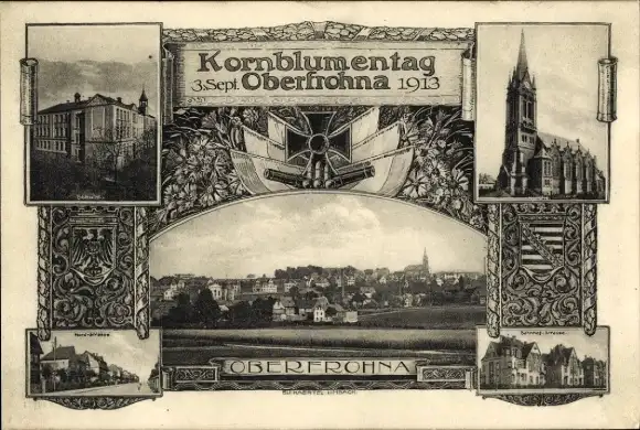Ak Limbach Oberfrohna in Sachsen, Kornblumentag 1913, Kirche, Stadtansicht