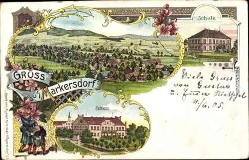 Litho Markersdorf Sachsen, Schule, Schloss, Totalansicht