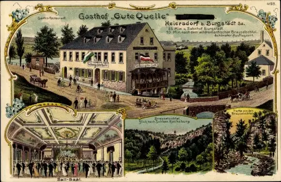 Litho Heiersdorf Burgstädt in Sachsen, Gasthof Gute Quelle, Brauselochtal