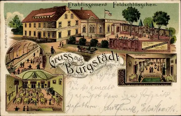 Litho Burgstädt in Sachsen, Etablissement Feldschlösschen, Kegelbahn, Billard