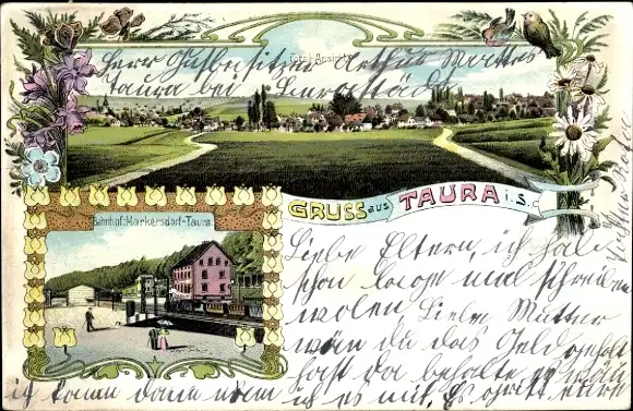 Litho Markersdorf Taura Claußnitz im Kreis Mittelsachsen, Bahnhof, Gleisseite, Totalansicht