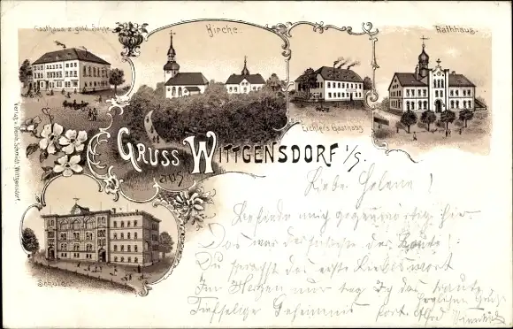 Litho Wittgensdorf Chemnitz in Sachsen, Rathaus, Gasthaus, Kirche, Schule