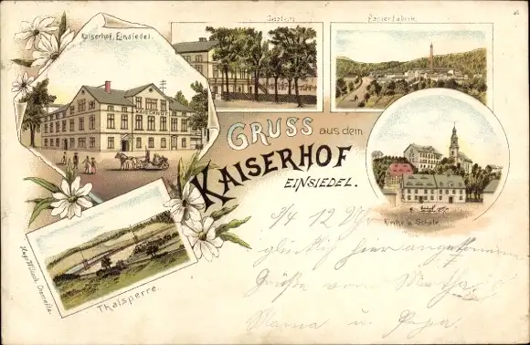 Litho Einsiedel Chemnitz, Hotel Kaiserhof, Papierfabrik, Kirche, Schule, Talsperre