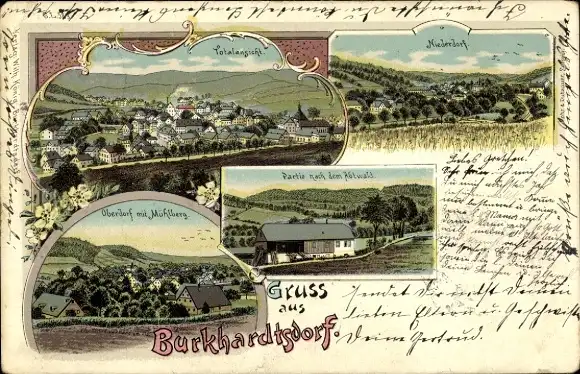 Litho Burkhardtsdorf im Erzgebirge, Totalansicht, Oberdorf, Niederdorf