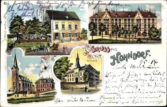 Litho Hohndorf im Erzgebirge, Centralschule, Gemeindeamt, Kirche, Restaurant