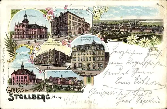 Litho Stollberg im Erzgebirge, Hotel weißes Ross, Rathaus, Geschäftshaus, Schloss, Postamt