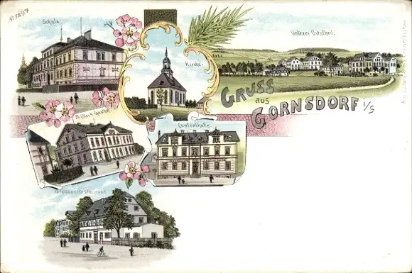 Litho Gornsdorf im Erzgebirge, Schule, Kirche, Centralhalle, Restaurant