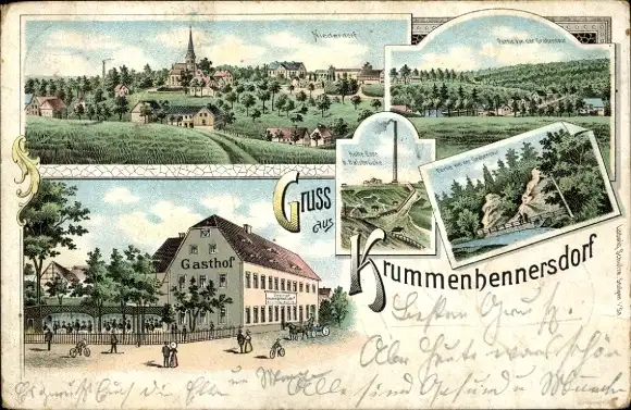 Litho Krummenhennersdorf Halsbrücke in Sachsen, Niederdorf, Hohe Esse, Gasthof