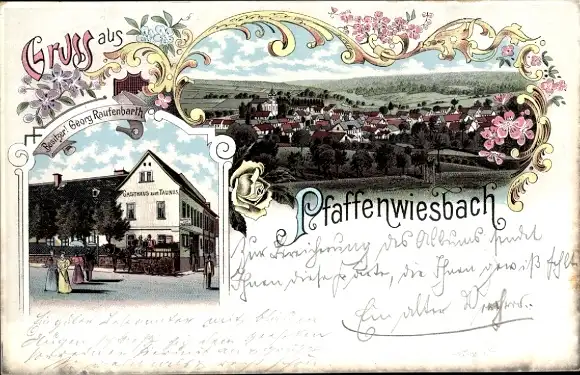 Litho Pfaffenwiesbach Wehrheim im Taunus Hessen, Gesamtansicht, Gasthaus zum Taunus