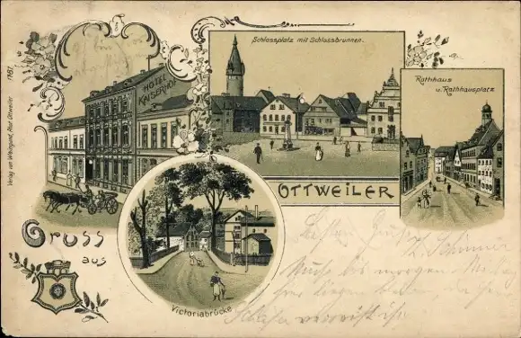 Litho Ottweiler im Saarland, Hotel Kaiserhof, Victoriabrücke, Schlossplatz, Schlossbrunnen, Rathaus