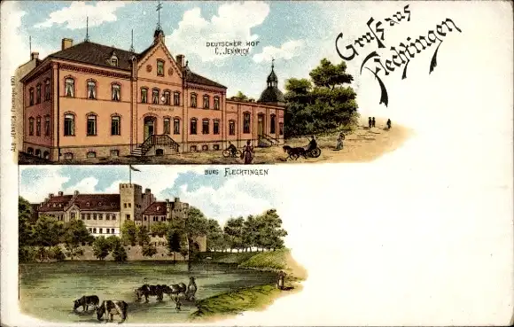 Litho Flechtingen Sachsen Anhalt, Gasthaus Deutscher Hof, Burg