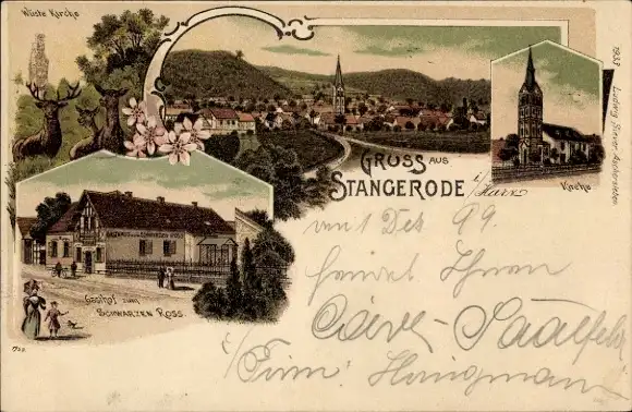 Litho Stangerode Arnstein im Harz, Wüste Kirche, Panorama, Gasthof zum schwarzen Ross, Kirche