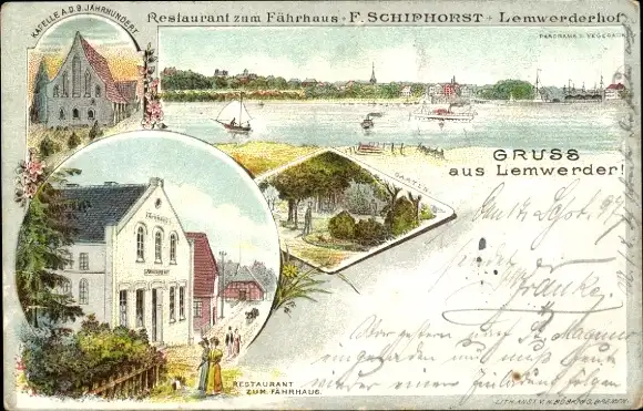 Litho Lemwerder in Oldenburg, Lemwerderhof, Restaurant zum Fährhaus, Kapelle