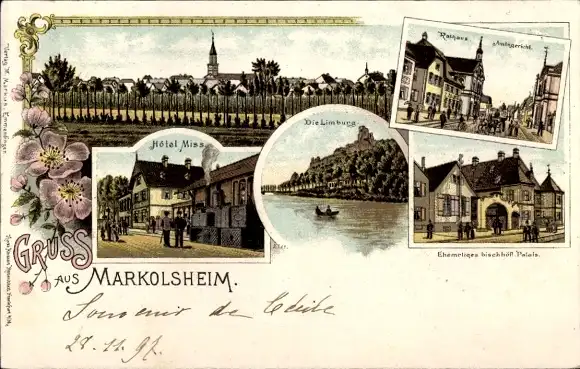 Litho Marckolsheim Markolsheim Elsass, Hotel Miss, Limburg, Rathaus, Amtsgericht, bischöfl. Palais