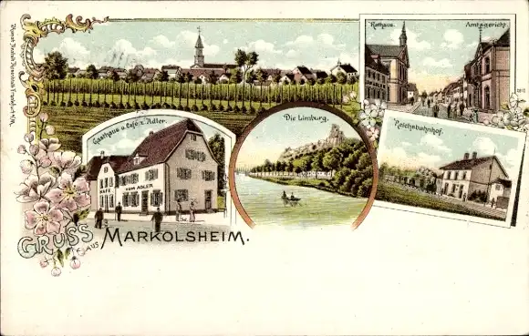 Litho Marckolsheim Markolsheim Elsass Bas Rhin, Gasthaus zum Adler, Limburg, Reichsbahnhof, Rathaus
